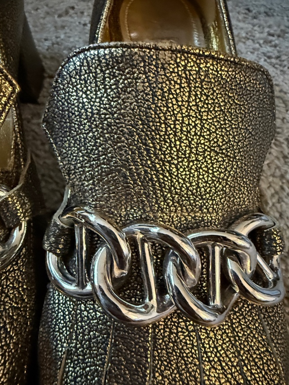 Prada Metallic Gold Chain-Accent Loafers - Picture 2 of 3